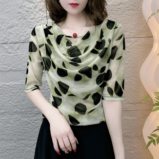 时尚 减龄洋气堆堆领半袖 波点中袖 W新款 女士上衣 透气网纱小衫 夏季