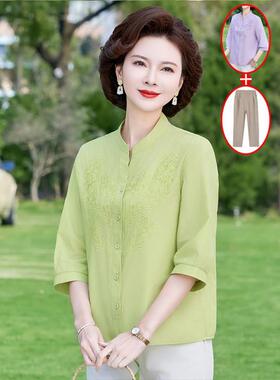 中老年女装妈妈棉麻衬衫女2025夏季新款薄款遮肚刺绣衬衣大码上衣