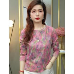 圆领覆古印花烫钻显瘦T恤百搭长袖 妈妈装 上衣女 时尚 2025早秋新款