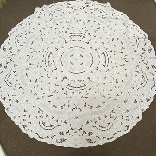 亚麻手绣白色满工圆桌布 D305 1.6米