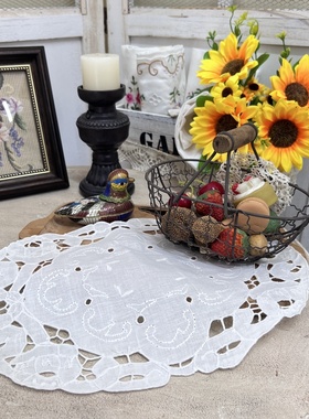 G322 亚麻 手绣 白色椭圆盘垫 33*22cm 有氧化   2片出