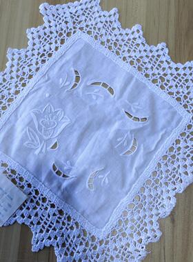 G331 手绣钩针拼布方盖巾 白色 棉麻质34cm方