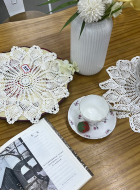 S231手工钩针菠萝花盘垫白色棉质直径30cm（氧化）2片