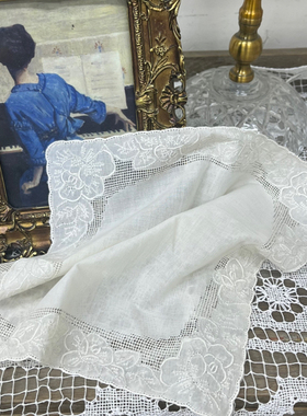 M232-3重工潮绣玫瑰花细眼抽丝手帕白色棉质27cm（氧化）