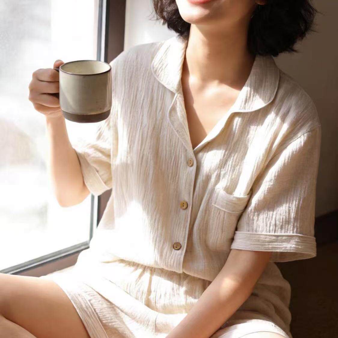 女士夏季棉麻提花宽松透气短袖短裤睡衣套装 MJF001