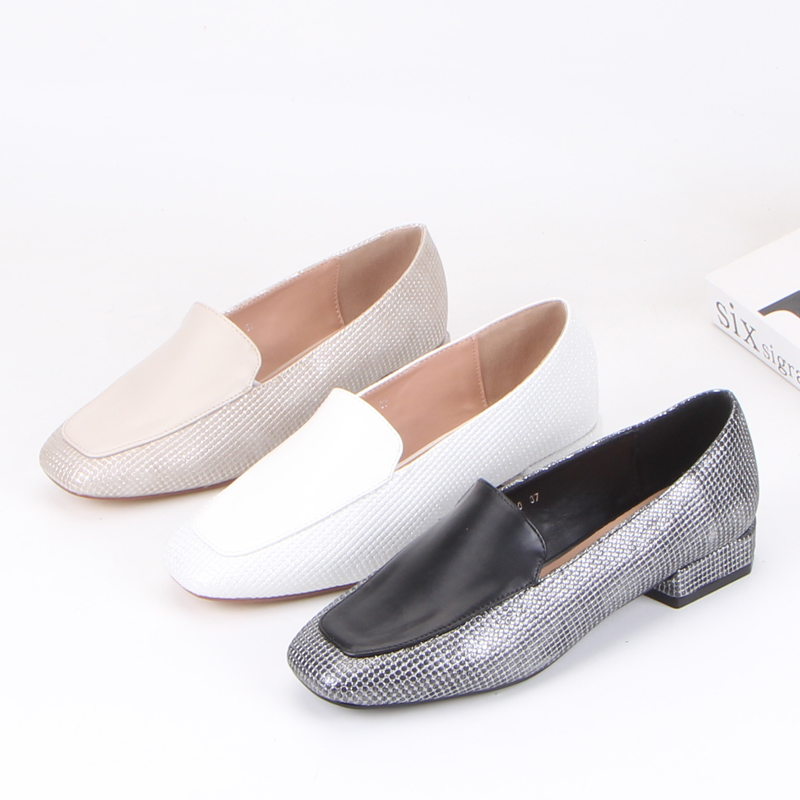 欧美单新款方头拼接中口低跟单鞋