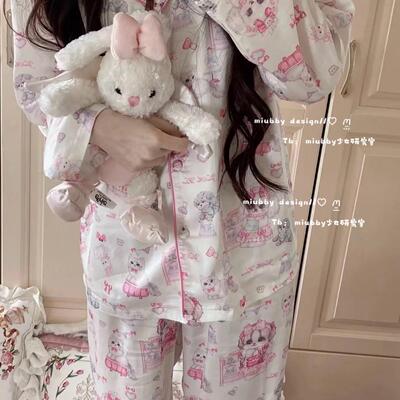 Miubby「猫狗派对」 日系少女甜美卡通印花长短袖冰雪丝睡衣套装