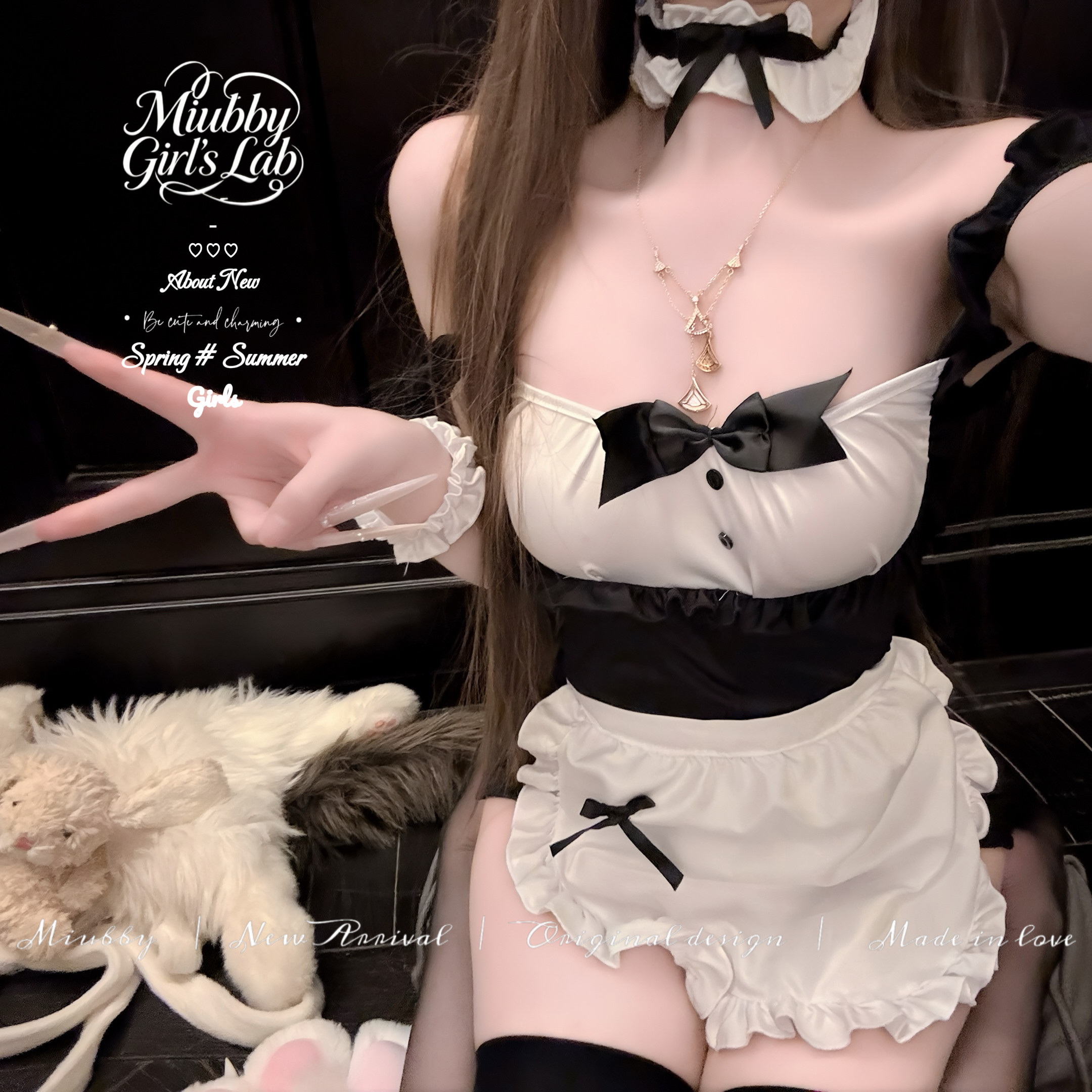 Miubby「黑糖甜仆」可爱纯欲性感露背蝴蝶结女仆制服居家睡裙套装