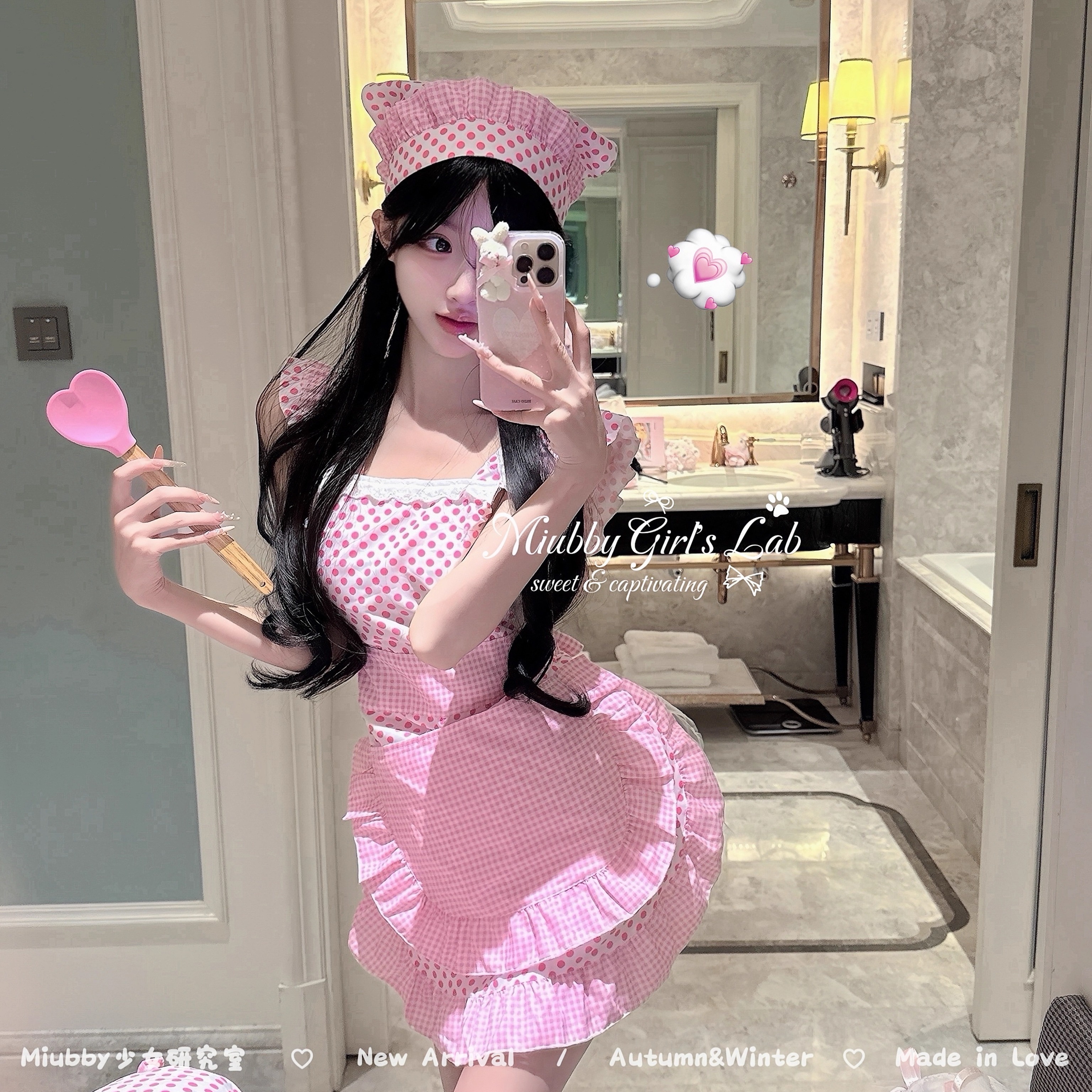 Miubby「甜粉厨娘」可爱软萌变装cos花边波点女仆lolita围裙套装