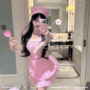 Miubby「甜粉厨娘」可爱软萌变装 cos花边波点女仆lolita围裙套装