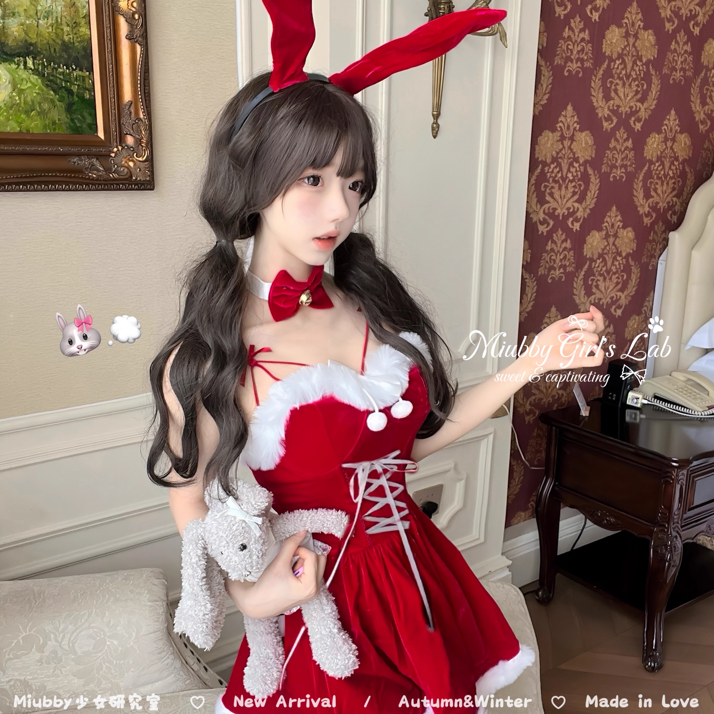 Miubby「雪橇绒兔」纯欲甜美可爱毛绒兔女郎cos圣诞新年连衣裙