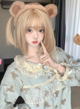 Miubby「泡芙小熊」日系甜美格子蕾丝花边长袖长裤春秋家居服套装