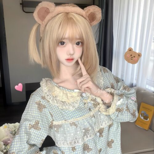 Miubby「泡芙小熊」日系甜美格子蕾丝花边长袖长裤春秋家居服套装