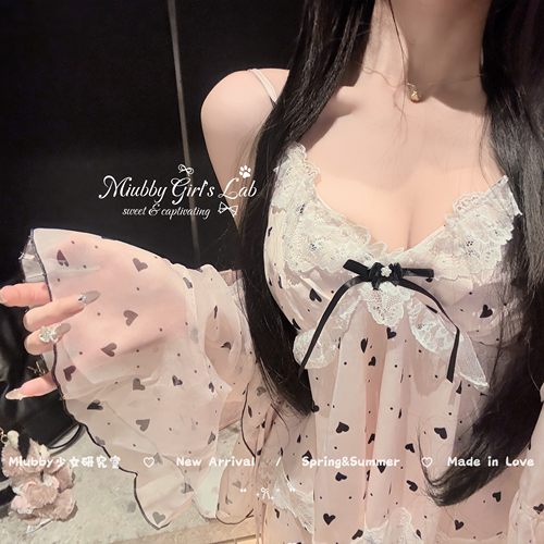 Miubby「冰莓之恋」春夏纯欲甜美爱心蕾丝花边少女冰丝睡衣三件套