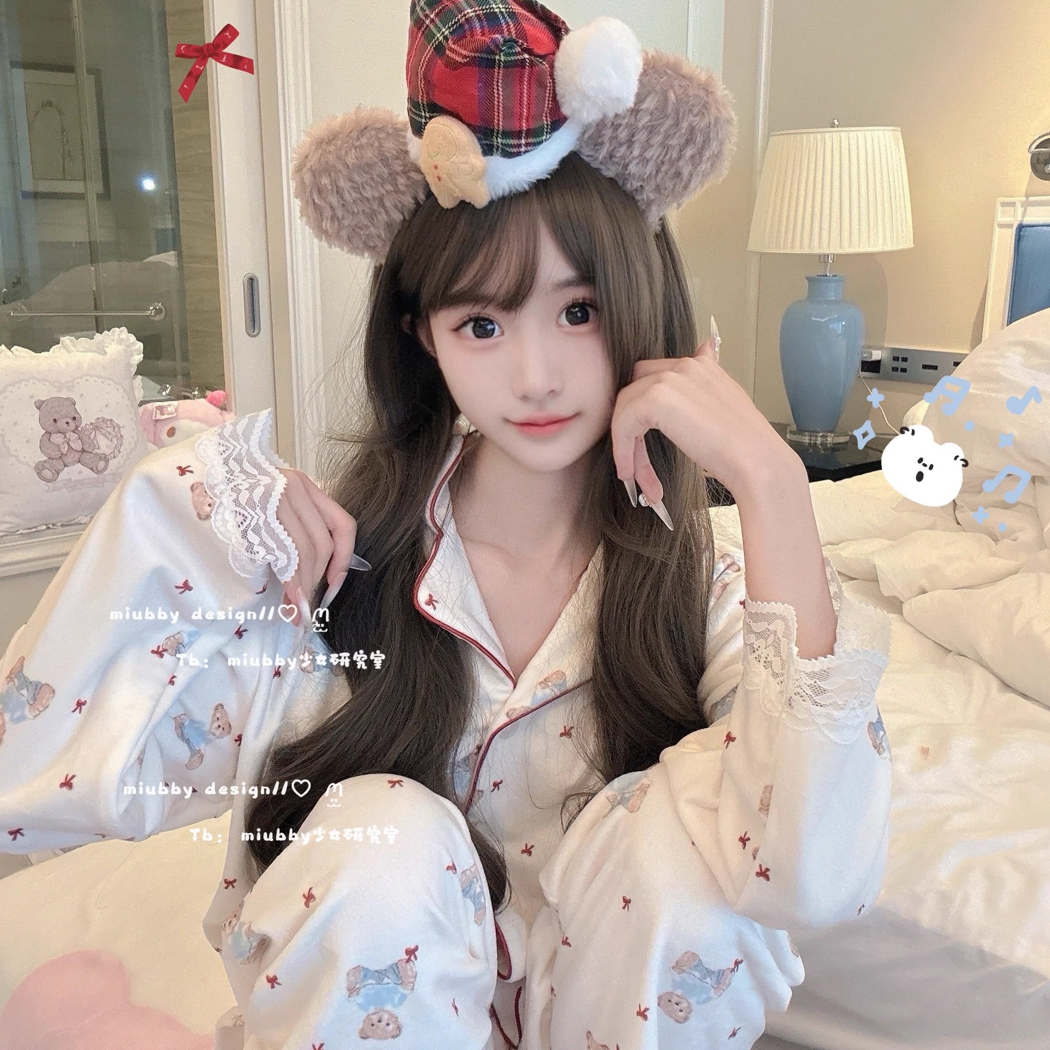 Miubby「海盐小熊派」秋冬可爱印花海岛绒加厚加绒蕾丝边少女睡衣