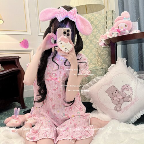Miubby「宅宅小兔」日系可爱软妹纯棉短袖睡衣melody印花少女睡裙