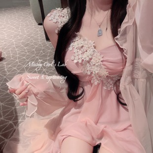 Miubby「薄纱樱」甜美纯欲花朵网纱睡裙两件套可外穿度假风家居服