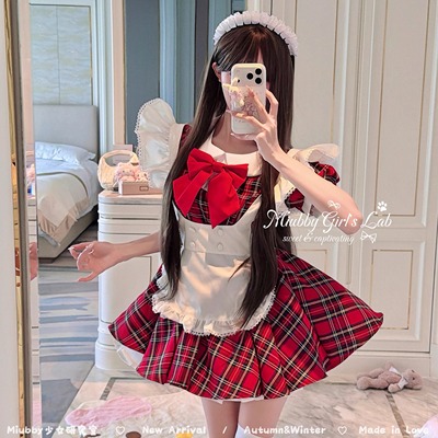 Miubby「绯梦天使」日系甜美红格纹jk圣诞女仆装Lolita狗短连衣裙