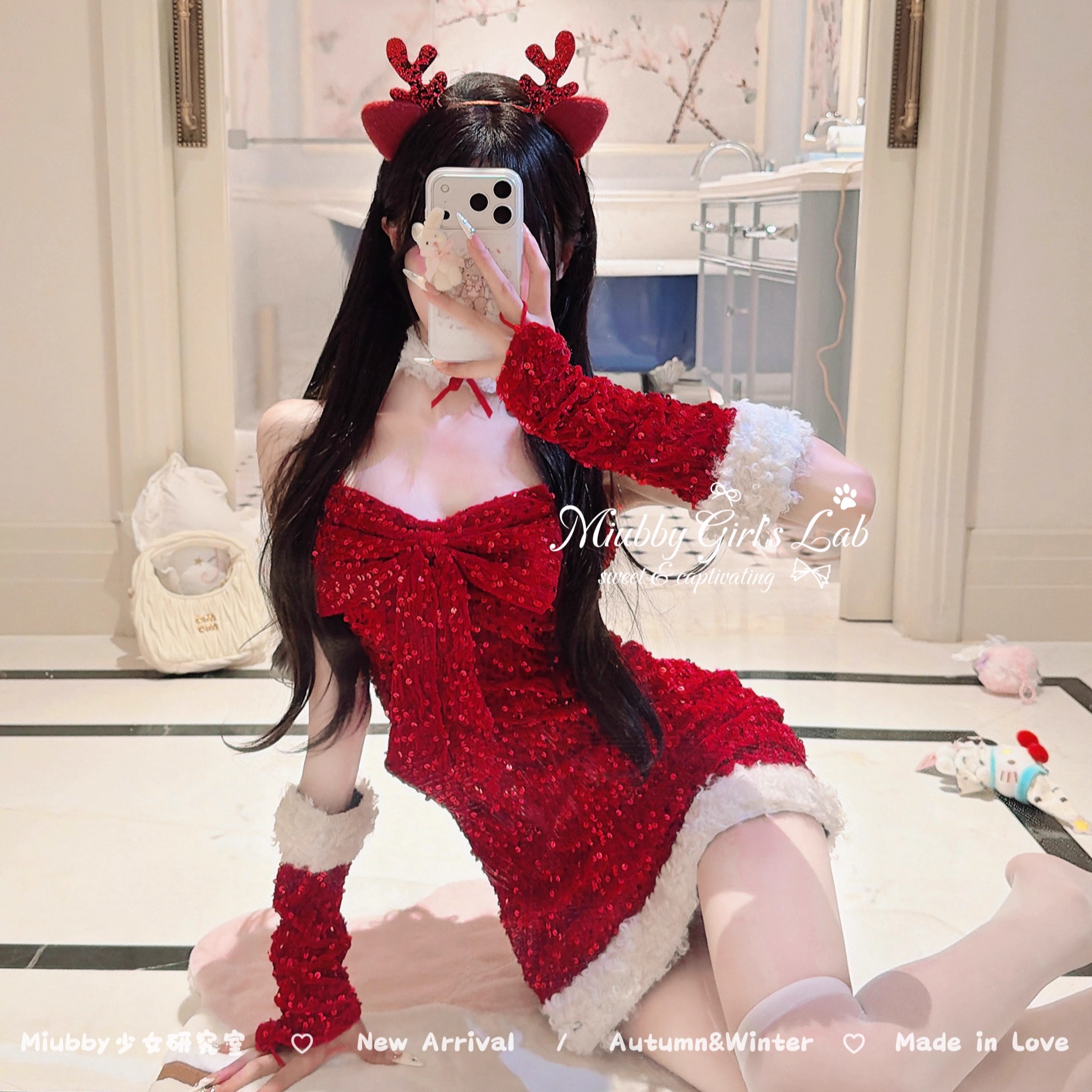 Miubby「麋鹿小姐」纯欲性感辣妹亮片圣诞套装蝴蝶结气质包臀裙