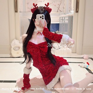 Miubby「麋鹿小姐」纯欲性感辣妹亮片圣诞套装 蝴蝶结气质包臀裙