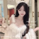 Miubby「纯恋尤物」纯欲甜美羽毛亮片丝滑缎面胸垫睡裙外披套装