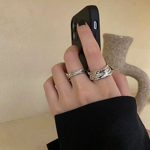 S999足银褶皱朋克戒指中性男女
