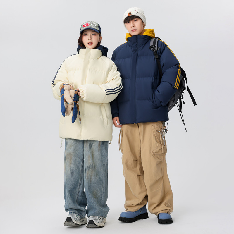 外贸尾单新款纯色秋冬三条杠面包服假两件外套休闲情侣款高品质