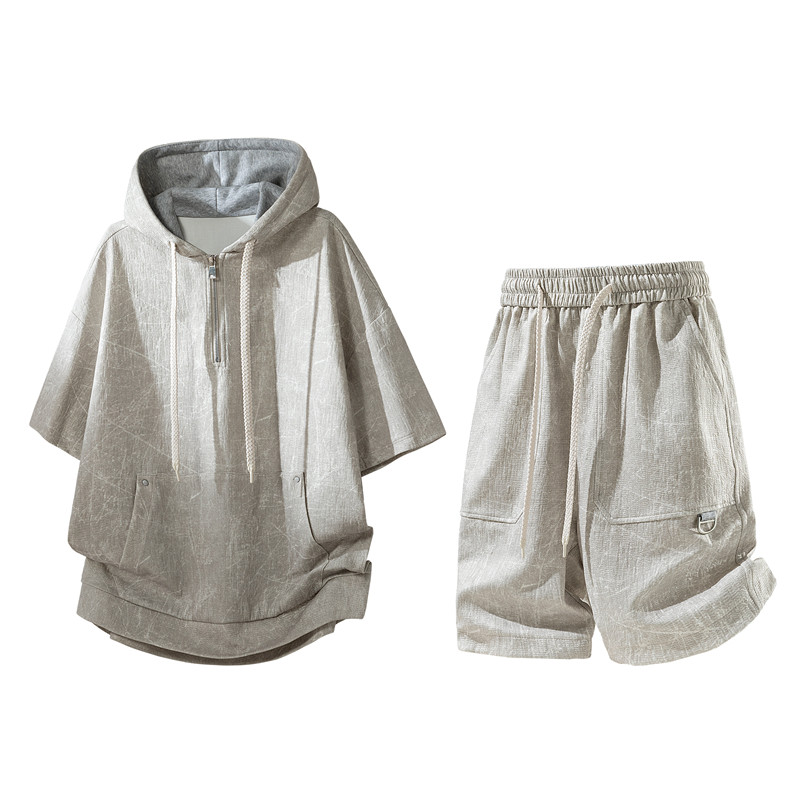 外贸尾货休闲连帽短袖卫衣套装男女宽松运动两件套夏季薄款