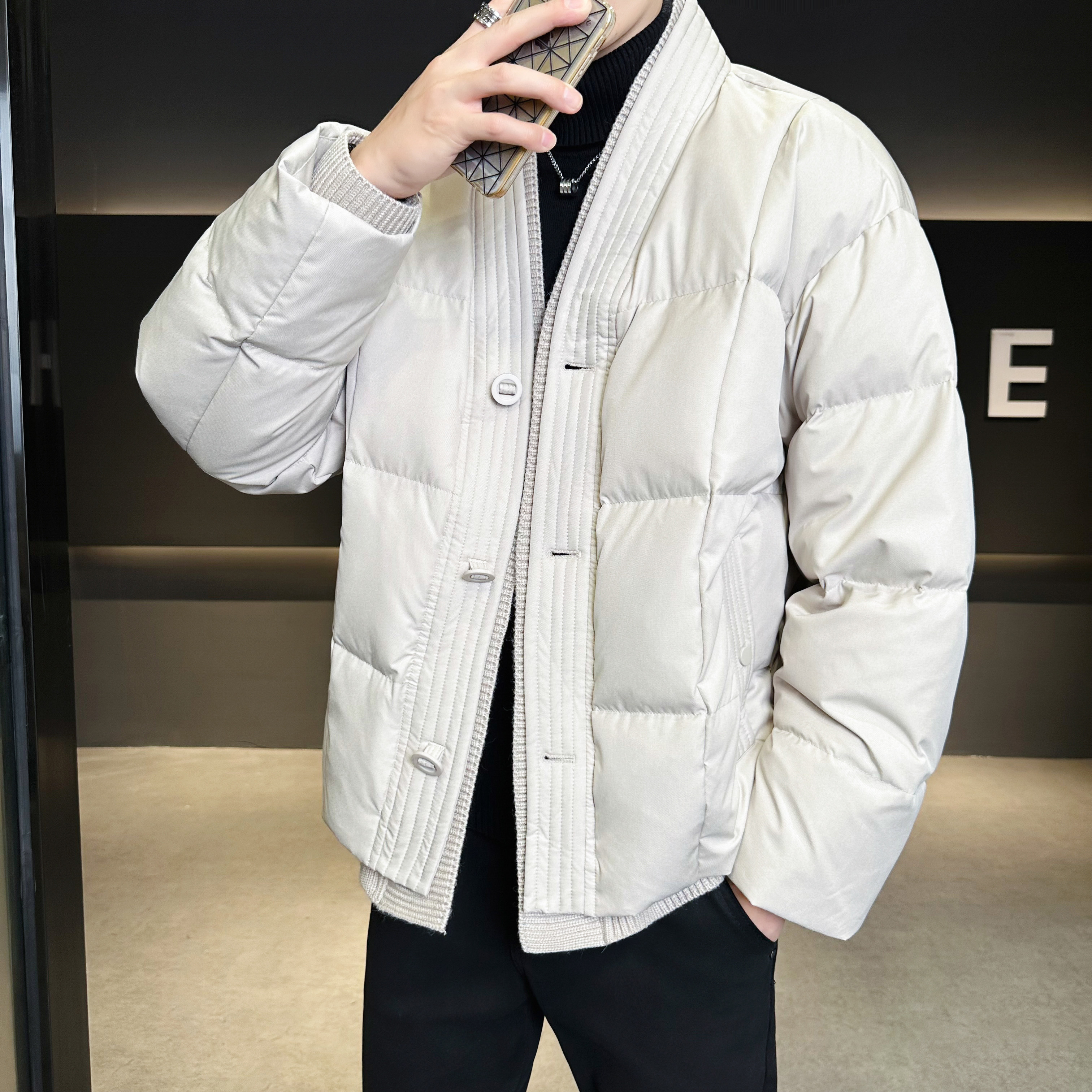 外贸尾单毛线羽绒服假两件新中式加厚拼接V领