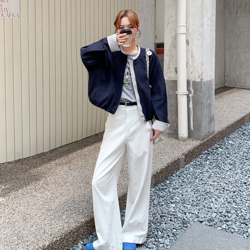 撞色拼接条纹假两件短外套女春秋2025新款休闲气质显瘦小个子上衣,女装短外套,2B218
