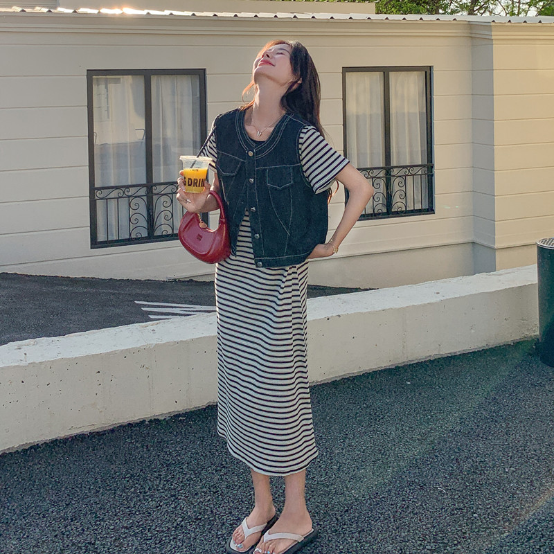 牛仔马甲+经典条纹长裙两件套097-C51-P165,控248，女装套装/套裙，莎莎