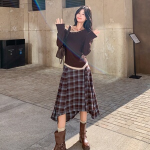 大货 斜露肩长袖T恤+格纹半身裙两件套 2B218-2521-P155，控228图片