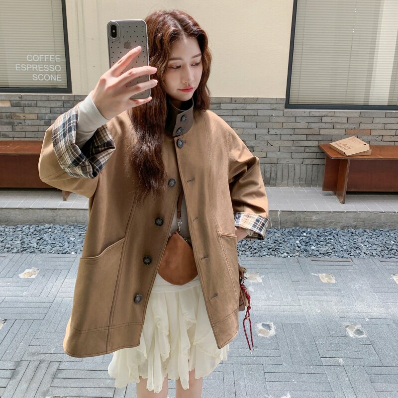 大货麂皮绒拼接格子正反两面穿外套2B218-2509-P205，控298,女装短外套,2B218