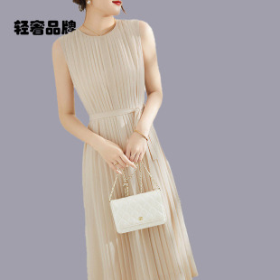 朗姿约定米色雪纺无袖 百褶裙吊带收腰背心裙 连衣裙女通勤气质夏季