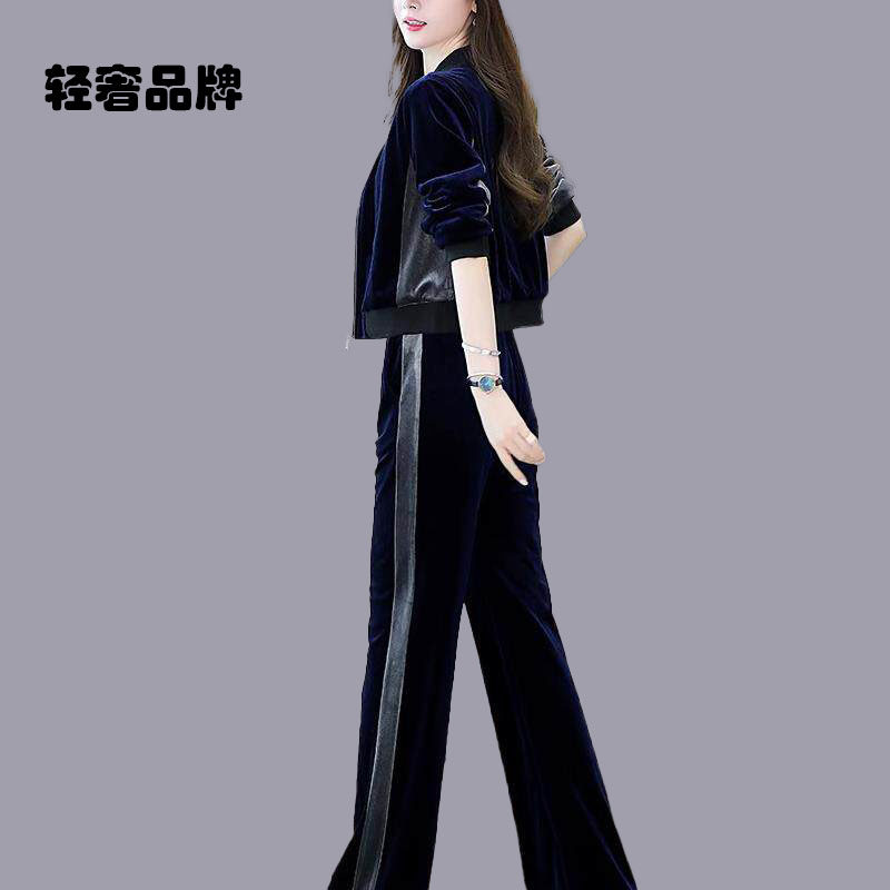 朗姿约定时尚金丝绒女士运动套装2026春季新休闲高腰阔腿裤两件套