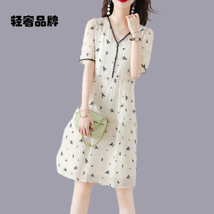 朗姿约定2026夏季 新款 高腰宽松V领刺绣裙子短袖 雪纺连衣裙女 韩版