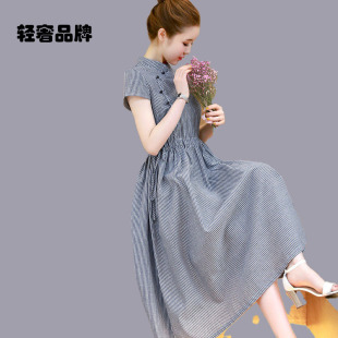 朗姿约定棉麻连衣裙女夏季中长款改良旗袍长裙高腰修身亚麻裙子