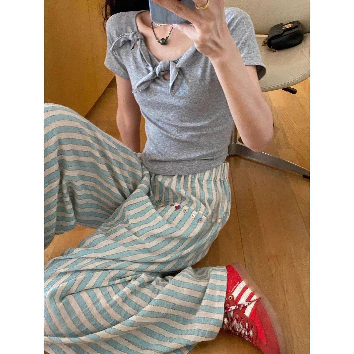 夏季薄款条纹冰丝阔腿裤女微胖