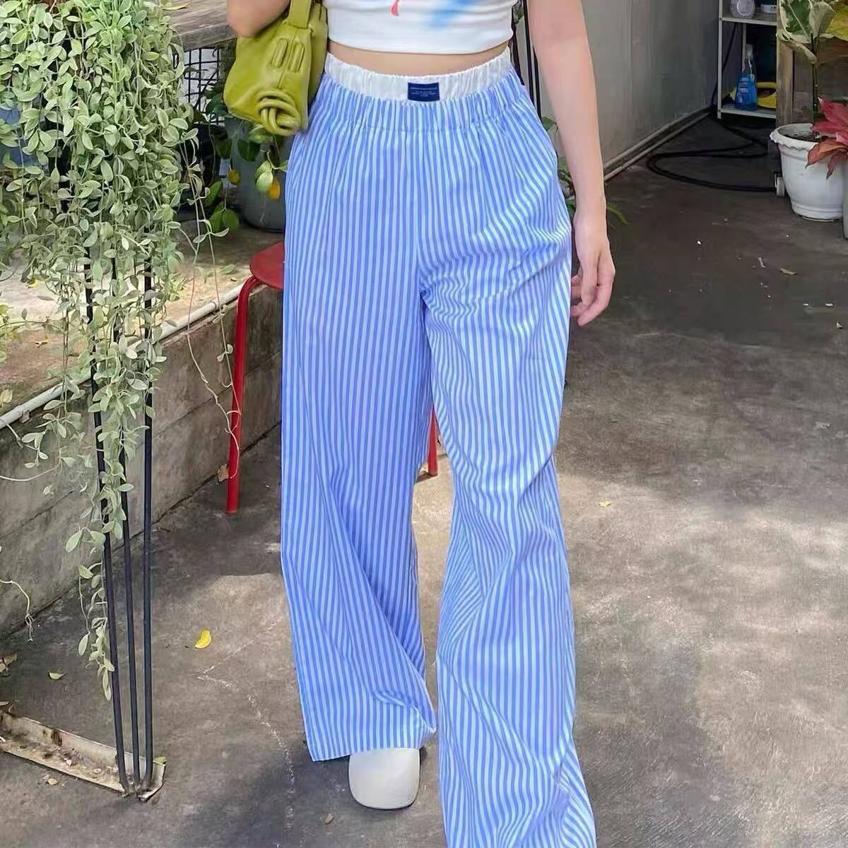 双腰头多口袋条纹宽松阔腿裤子