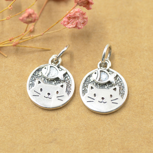 S925纯银泰银配件小龙猫鱼银牌挂件手工diy红绳银珠手链串珠配饰