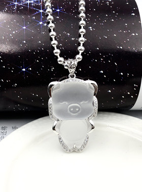 纯银微镶锆石透明小猪生肖项链