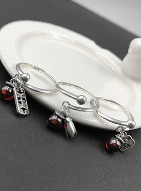 饰品石榴石流苏款平安锁复古戒指