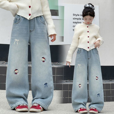 2025超火的女童裤子哈喽Kitty猫加绒刺绣冬装牛仔裤今年