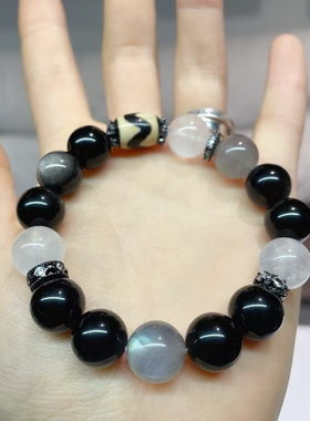 申公豹配色天然黑曜石手串女款饰品小众蓝色水晶手链