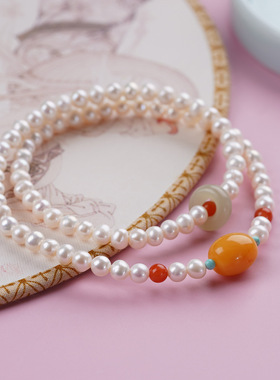 天然淡水珍珠手串搭配鸡油黄老蜜蜡配饰简约百搭时尚女生款式手链