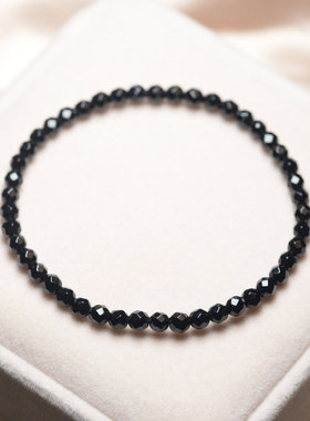 天然黑玛瑙单圈手串女64刻面可爱迷你小珠子4mm纯黑手链极细切面