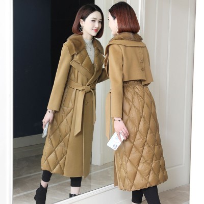 新款双面羊绒大衣女中长款鹅绒羽绒服水貂毛领皮草毛呢外套西装领