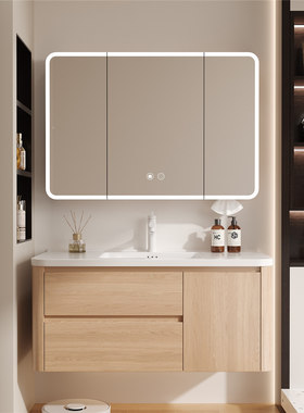 卫生间原木色圆弧蜂SPC窝铝浴室柜组合新款洗手陶瓷一体盆洗脸盆