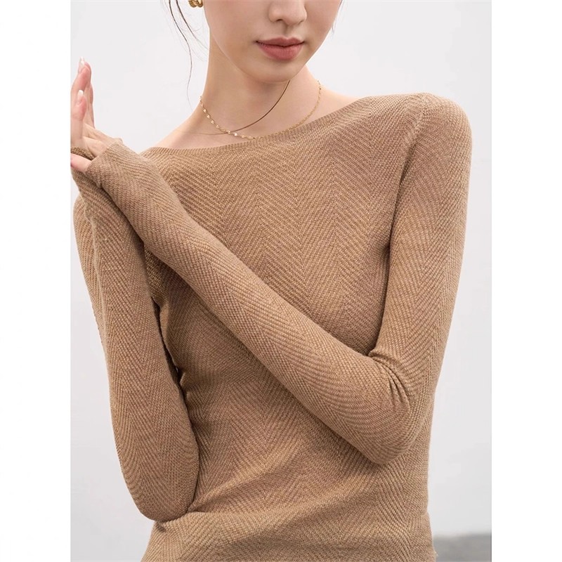 法式气质一字领针织打底衫毛衣女秋冬修身显瘦软糯内搭人字纹上衣