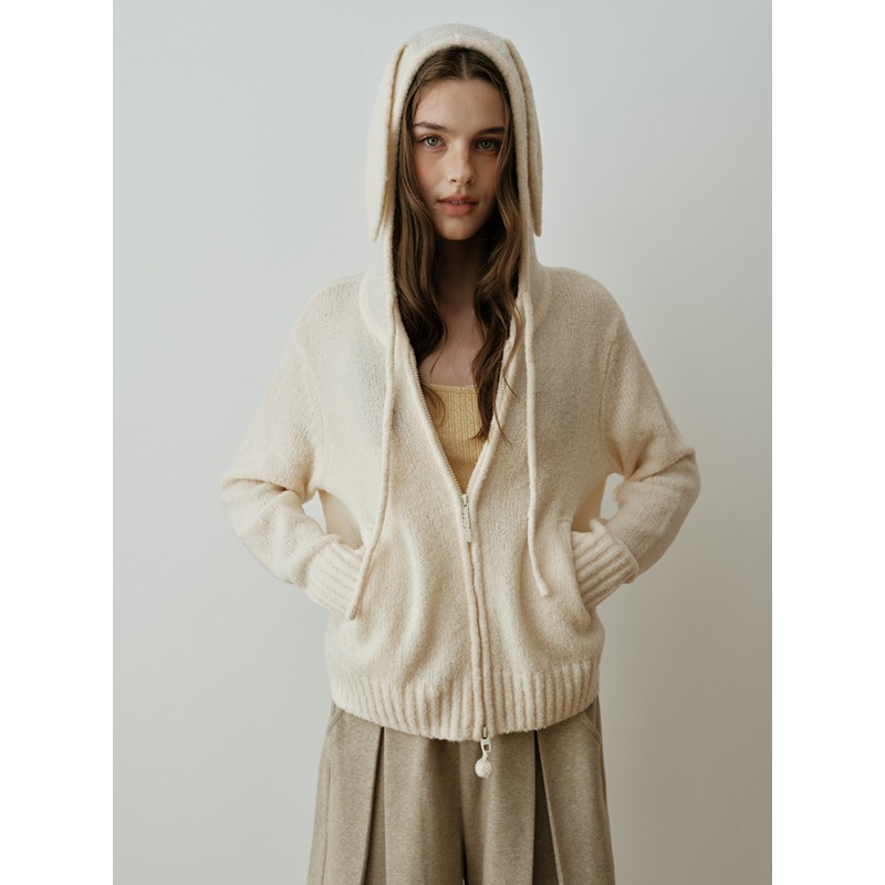 米杏色连帽双拉链毛衣外套女